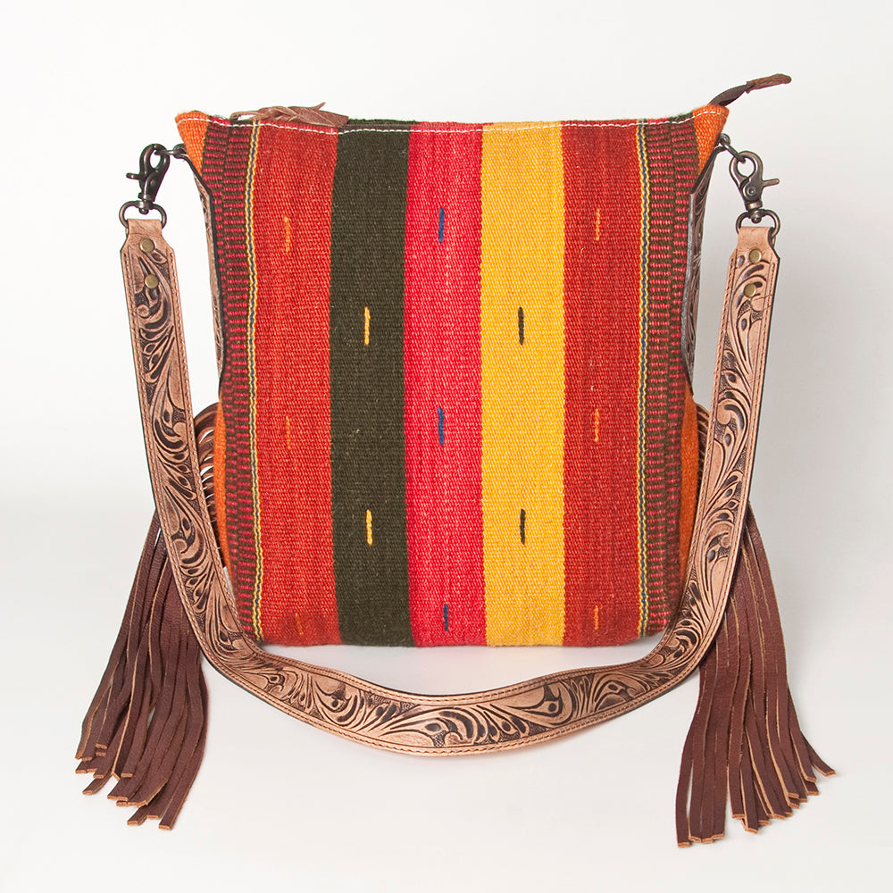 LC-ADBG905 Southwestern Wool Blanket & Tooled Leather Fringe Large Crossbody Bag Sally by American Darling