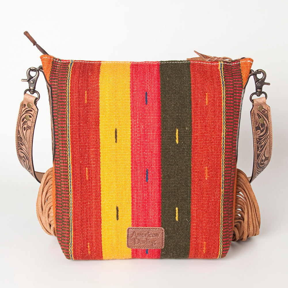 LC-ADBG905 Southwestern Wool Blanket & Tooled Leather Fringe Large Crossbody Bag Sally by American Darling