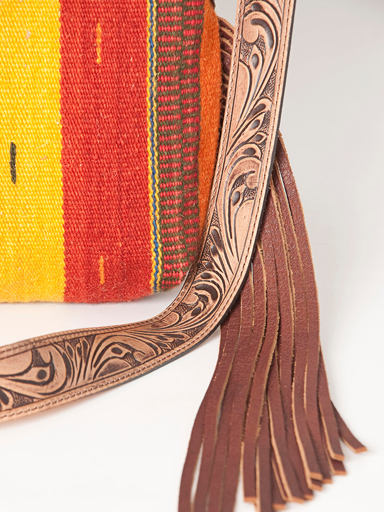 LC-ADBG905 Southwestern Wool Blanket & Tooled Leather Fringe Large Crossbody Bag Sally by American Darling