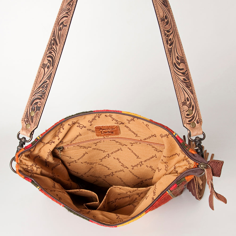 LC-ADBG905 Southwestern Wool Blanket & Tooled Leather Fringe Large Crossbody Bag Sally by American Darling