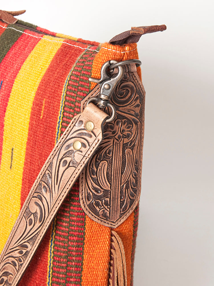 LC-ADBG905 Southwestern Wool Blanket & Tooled Leather Fringe Large Crossbody Bag Sally by American Darling