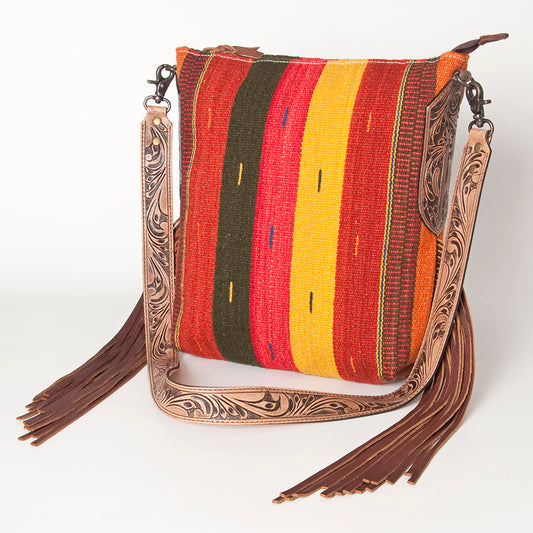 LC-ADBG905 Southwestern Wool Blanket & Tooled Leather Fringe Large Crossbody Bag Sally by American Darling