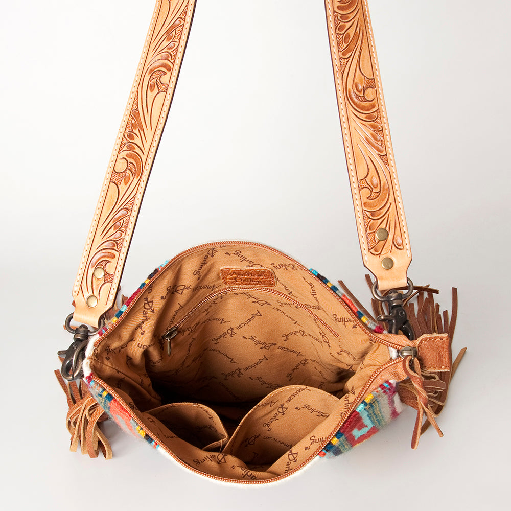 LC-ADBG905 Southwestern Wool Blanket & Tooled Leather Large Crossbody Bag Sally by American Darling