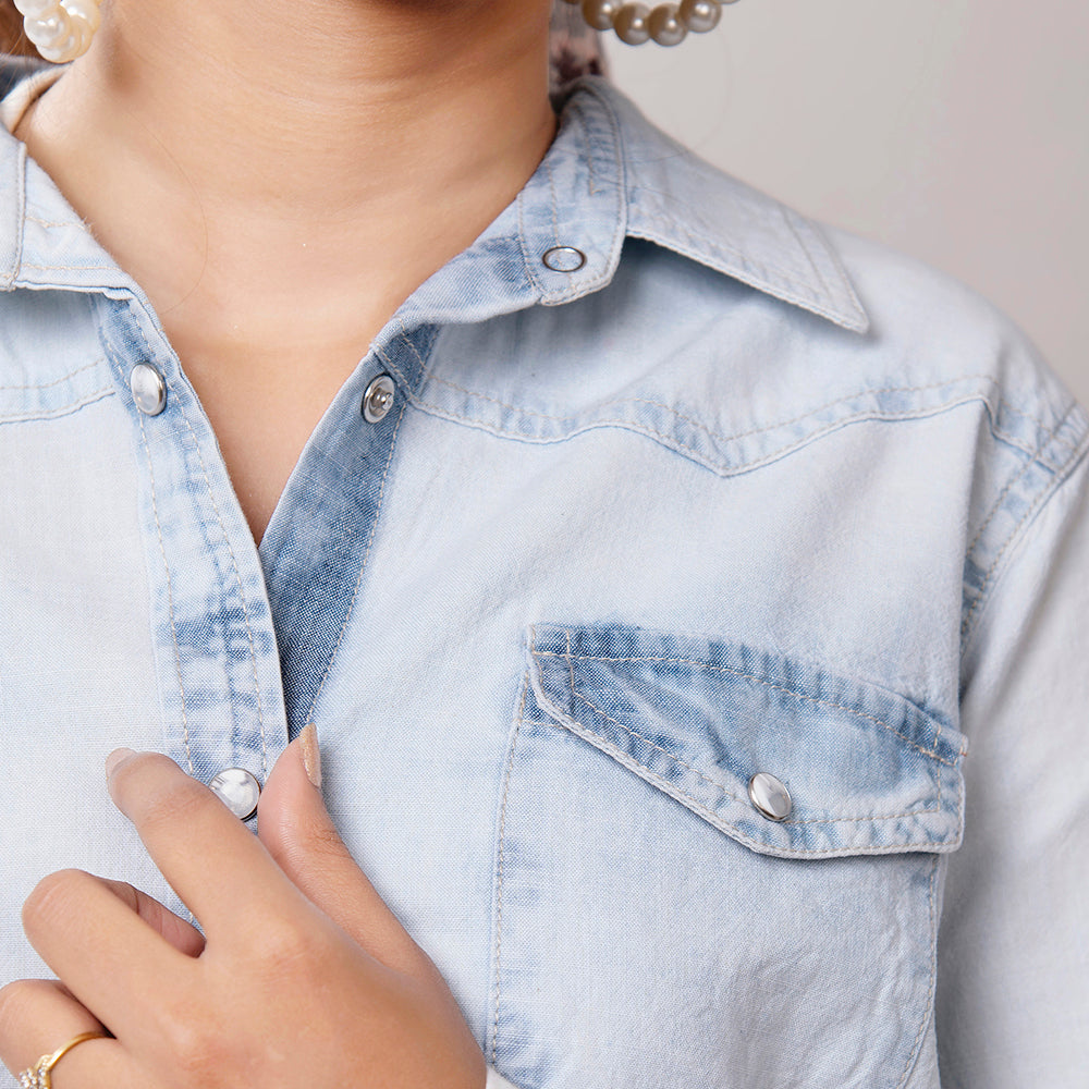 LC-ADSH011 Women's Denim Western Shirt with Tooled Leather Yoke   Handcrafted Floral Back Detail