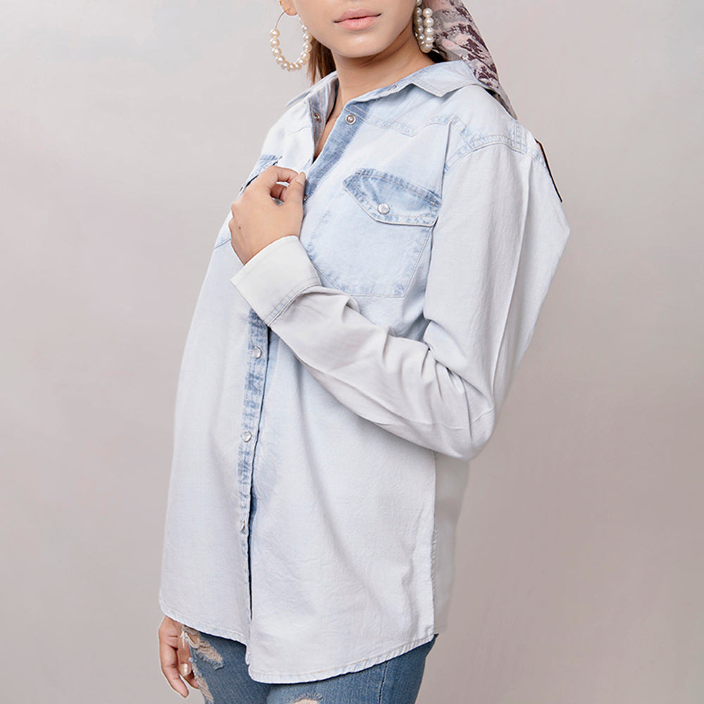 LC-ADSH011 Women's Denim Western Shirt with Tooled Leather Yoke   Handcrafted Floral Back Detail