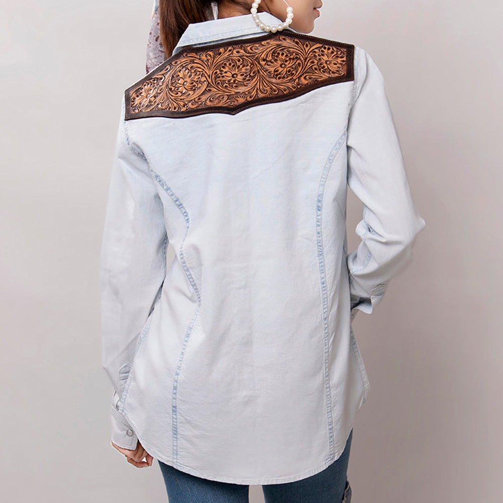LC-ADSH011 Women's Denim Western Shirt with Tooled Leather Yoke   Handcrafted Floral Back Detail