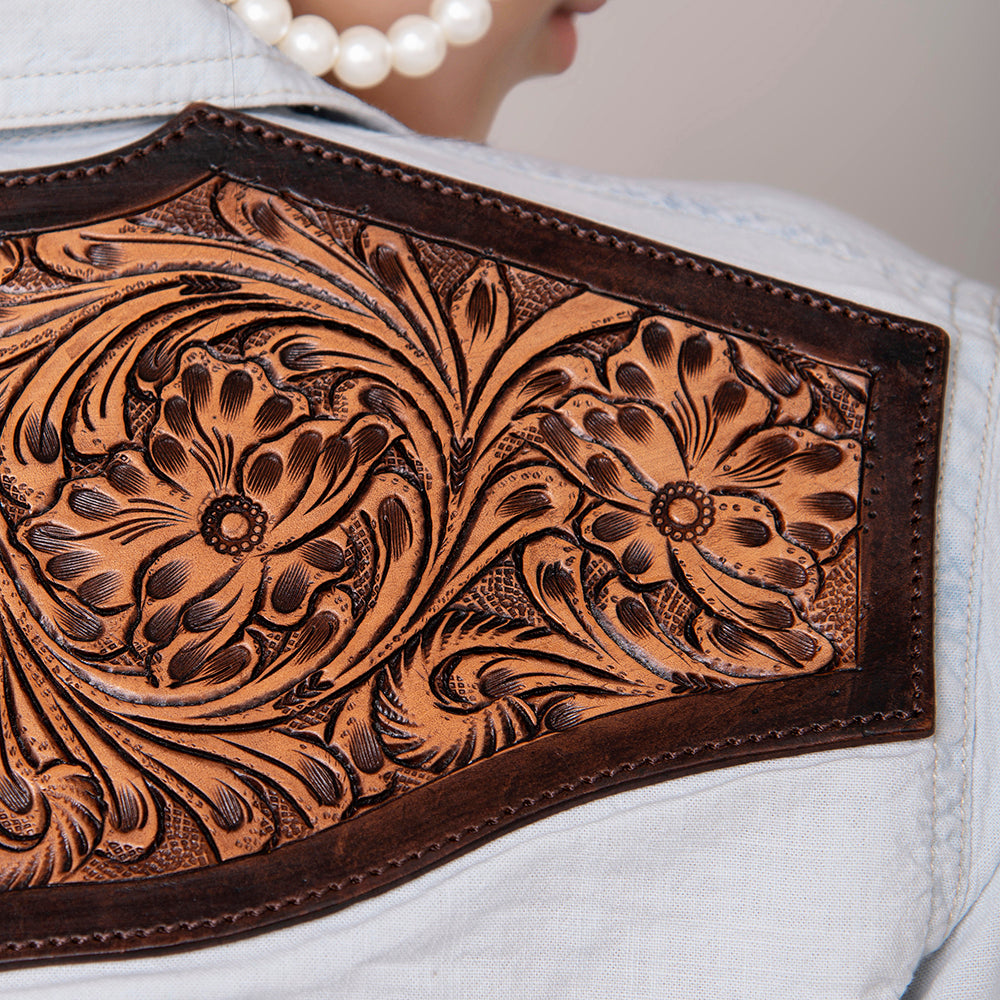 LC-ADSH011 Women's Denim Western Shirt with Tooled Leather Yoke   Handcrafted Floral Back Detail