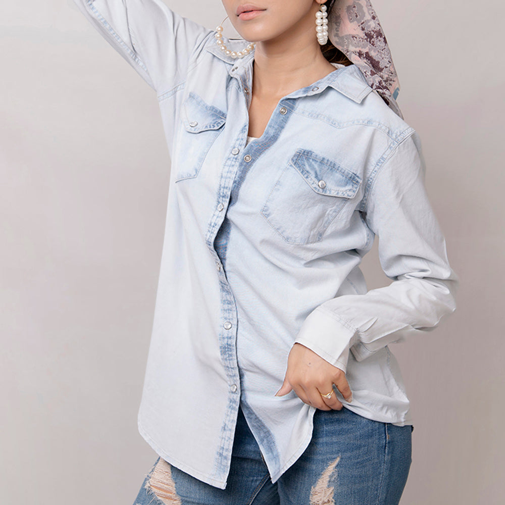 LC-ADSH011 Women's Denim Western Shirt with Tooled Leather Yoke   Handcrafted Floral Back Detail