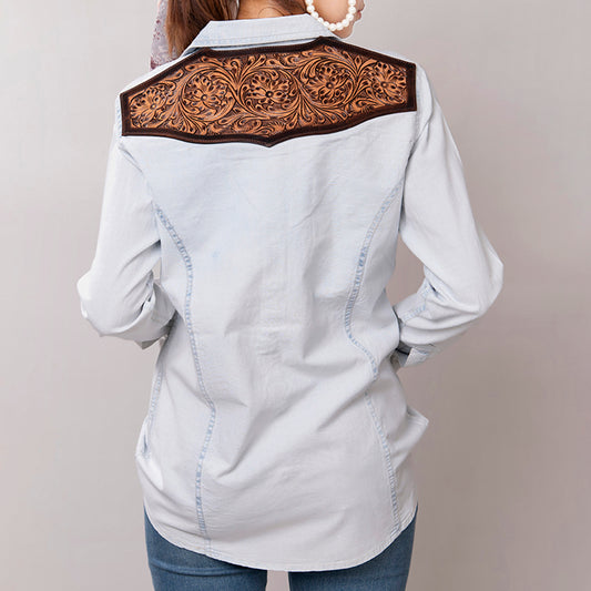 LC-ADSH011 Women's Denim Western Shirt with Tooled Leather Yoke   Handcrafted Floral Back Detail