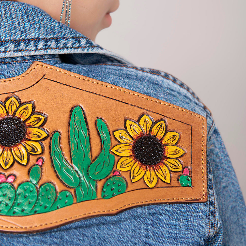 LC-ADSH012 Women s Western Denim Shirt with Sunflower & Cactus Tooled Leather Yoke