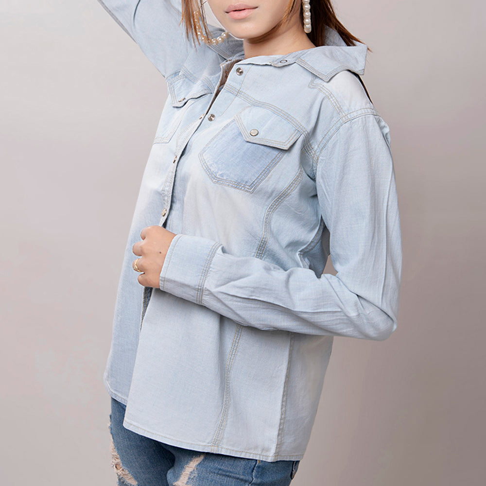 LC-ADSH013 Light Denim Western Shirt with Sunflower Tooled Leather Yoke   Women s