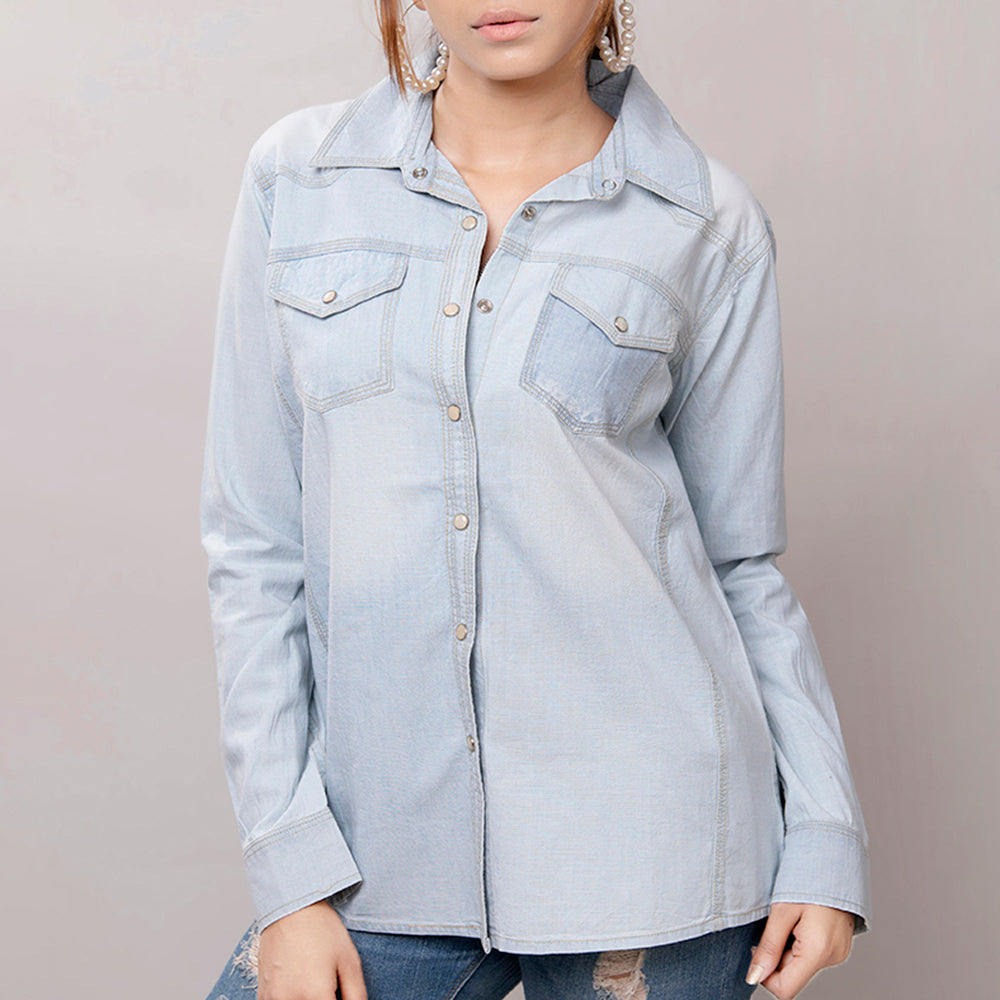 LC-ADSH013 Light Denim Western Shirt with Sunflower Tooled Leather Yoke   Women s