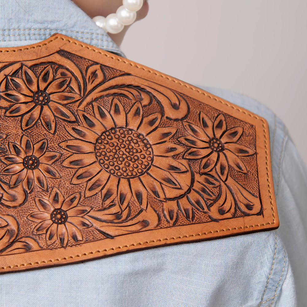 LC-ADSH013 Light Denim Western Shirt with Sunflower Tooled Leather Yoke   Women s