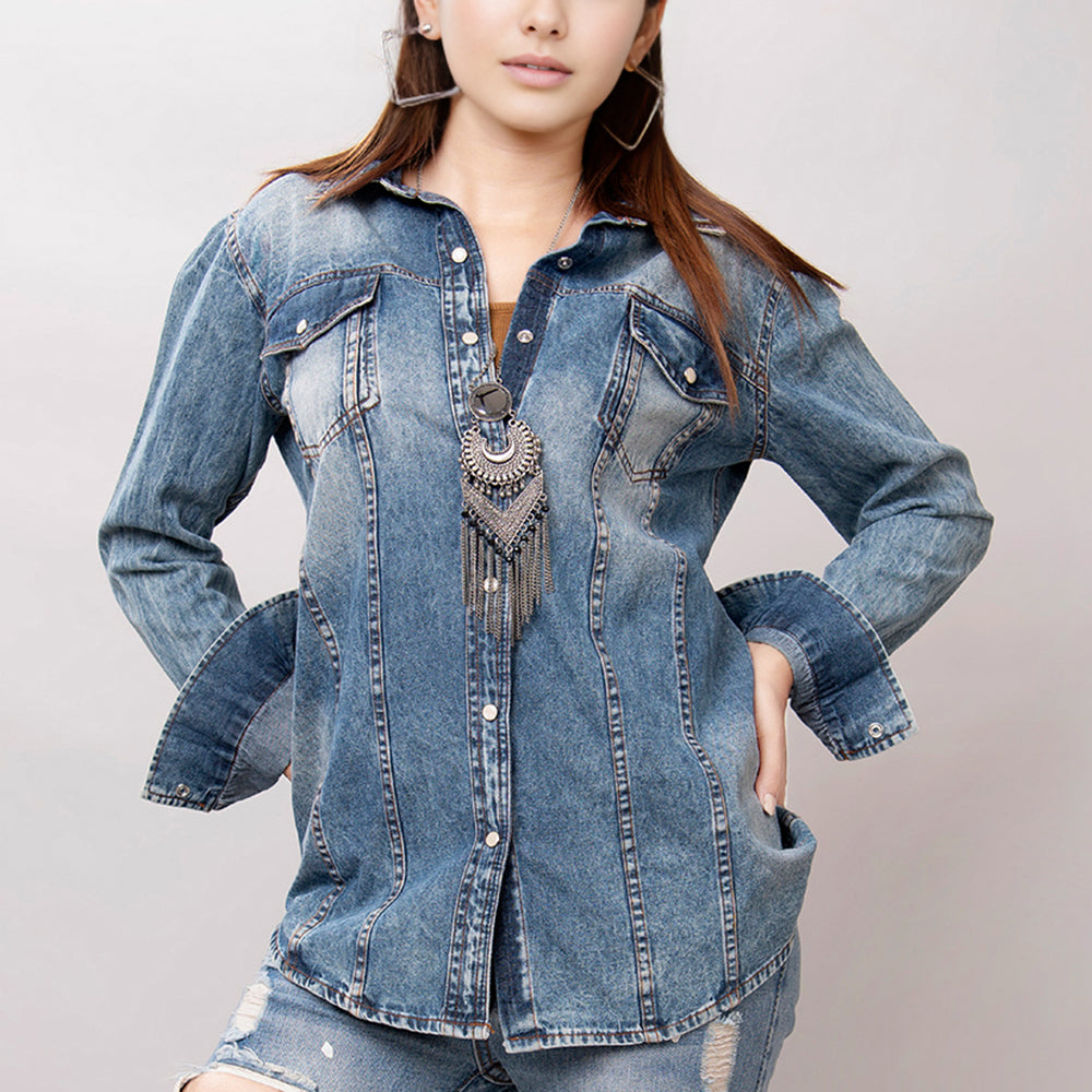 LC-ADSH014 Women s Western Denim Shirt with Sunflower & Cactus Tooled Leather Yoke