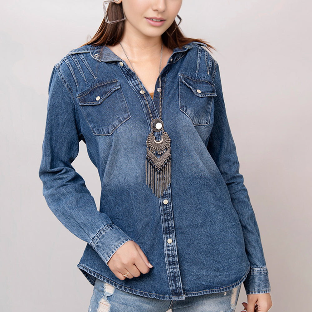 LC-ADSH015 Dark Denim Western Shirt with Tooled Leather Yoke & Turquoise Geometric Trim   Women s