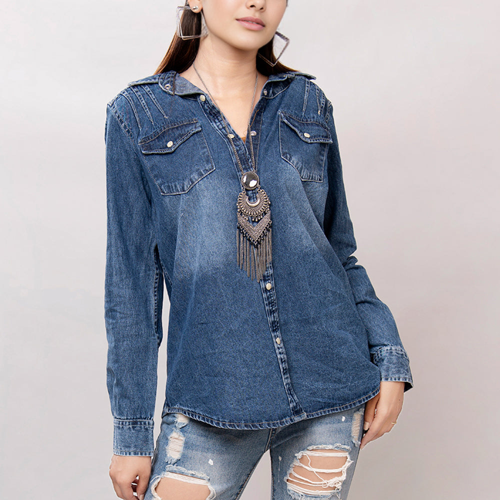 LC-ADSH015 Dark Denim Western Shirt with Tooled Leather Yoke & Turquoise Geometric Trim   Women s