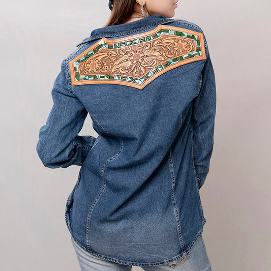 LC-ADSH015 Dark Denim Western Shirt with Tooled Leather Yoke & Turquoise Geometric Trim   Women s