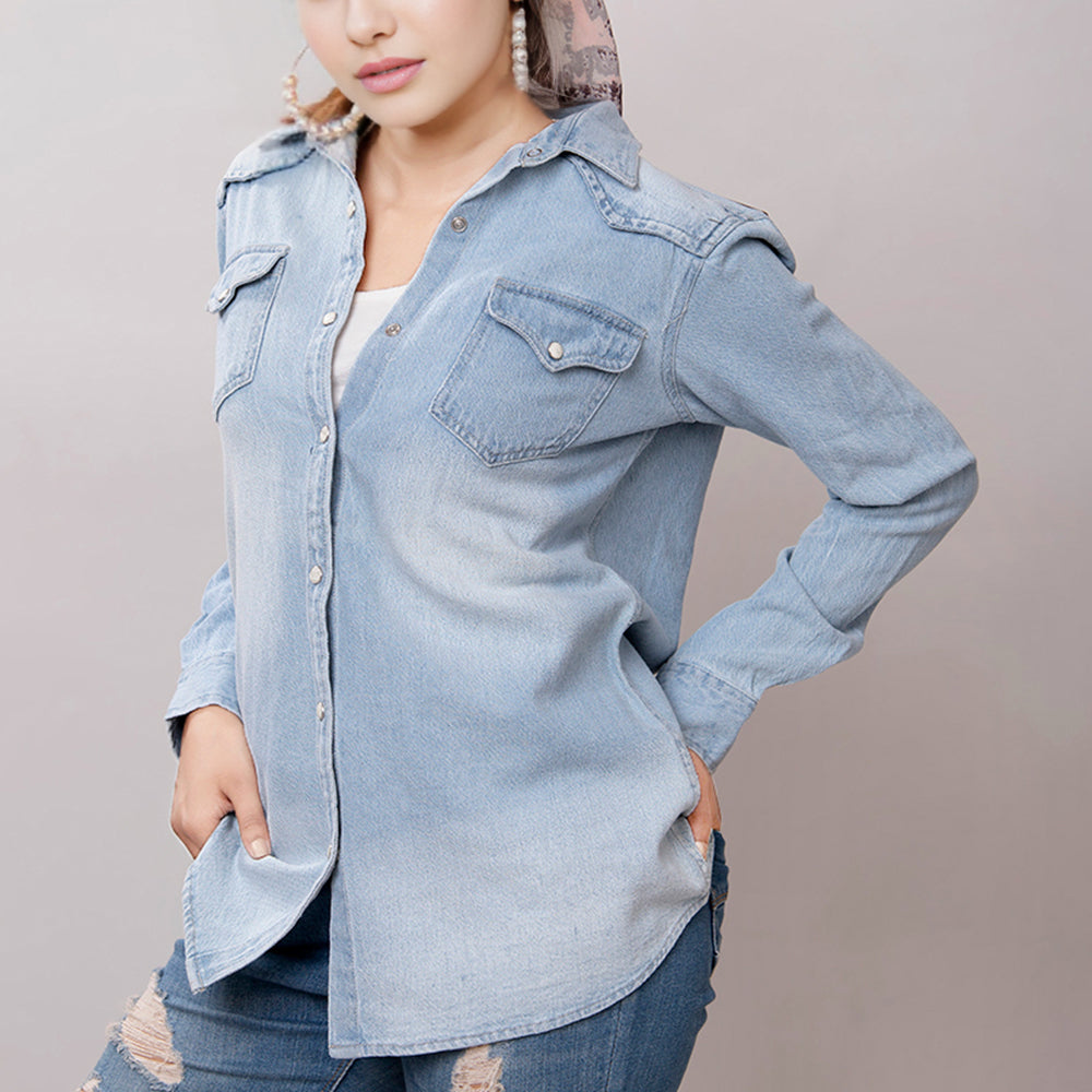 LC-ADSH016 Light Denim Western Shirt with Cowgirl & Cactus Tooled Leather Yoke   Women s