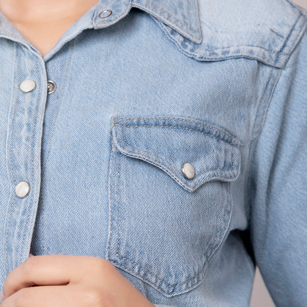 LC-ADSH016 Light Denim Western Shirt with Cowgirl & Cactus Tooled Leather Yoke   Women s