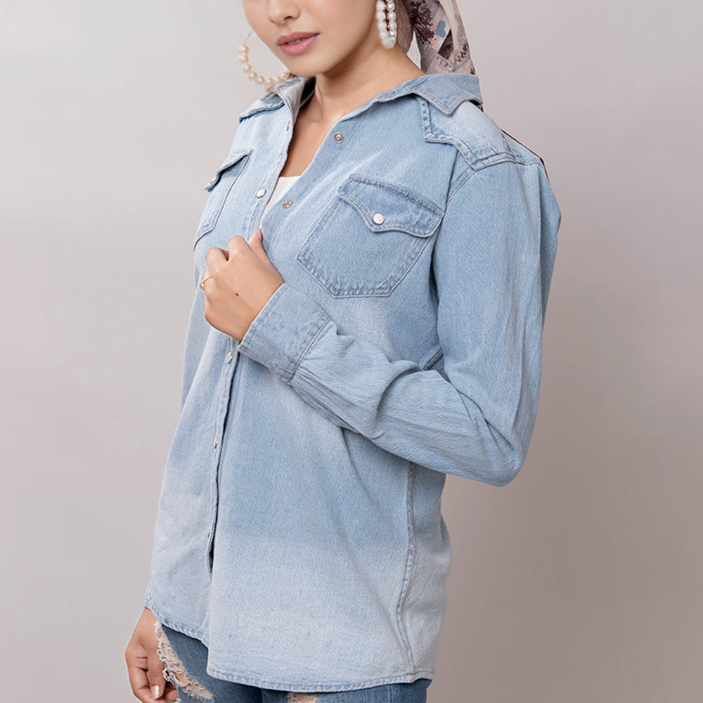 LC-ADSH016 Light Denim Western Shirt with Cowgirl & Cactus Tooled Leather Yoke   Women s