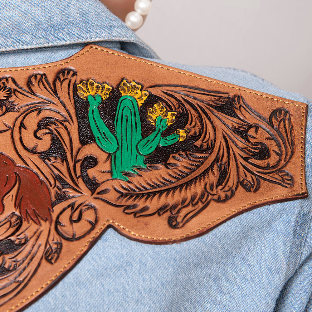 LC-ADSH016 Light Denim Western Shirt with Cowgirl & Cactus Tooled Leather Yoke   Women s