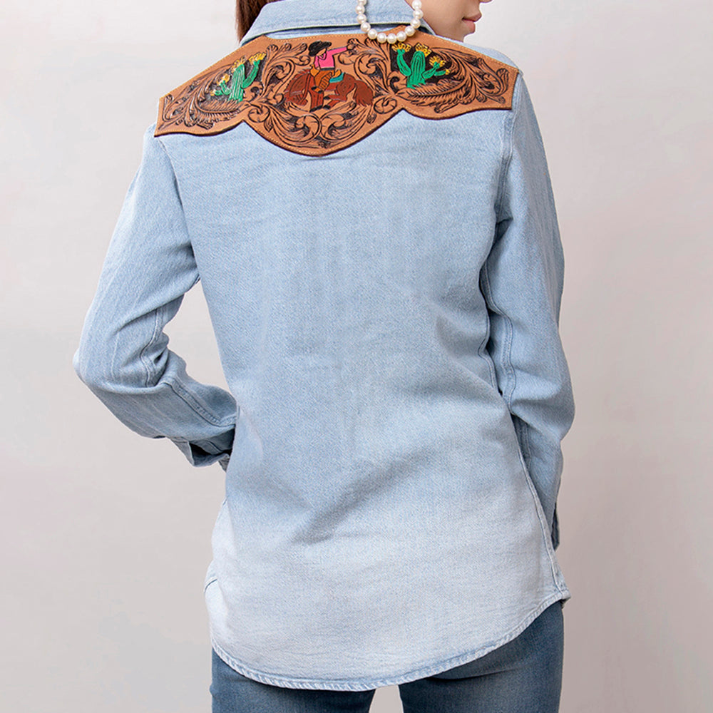 LC-ADSH016 Light Denim Western Shirt with Cowgirl & Cactus Tooled Leather Yoke   Women s