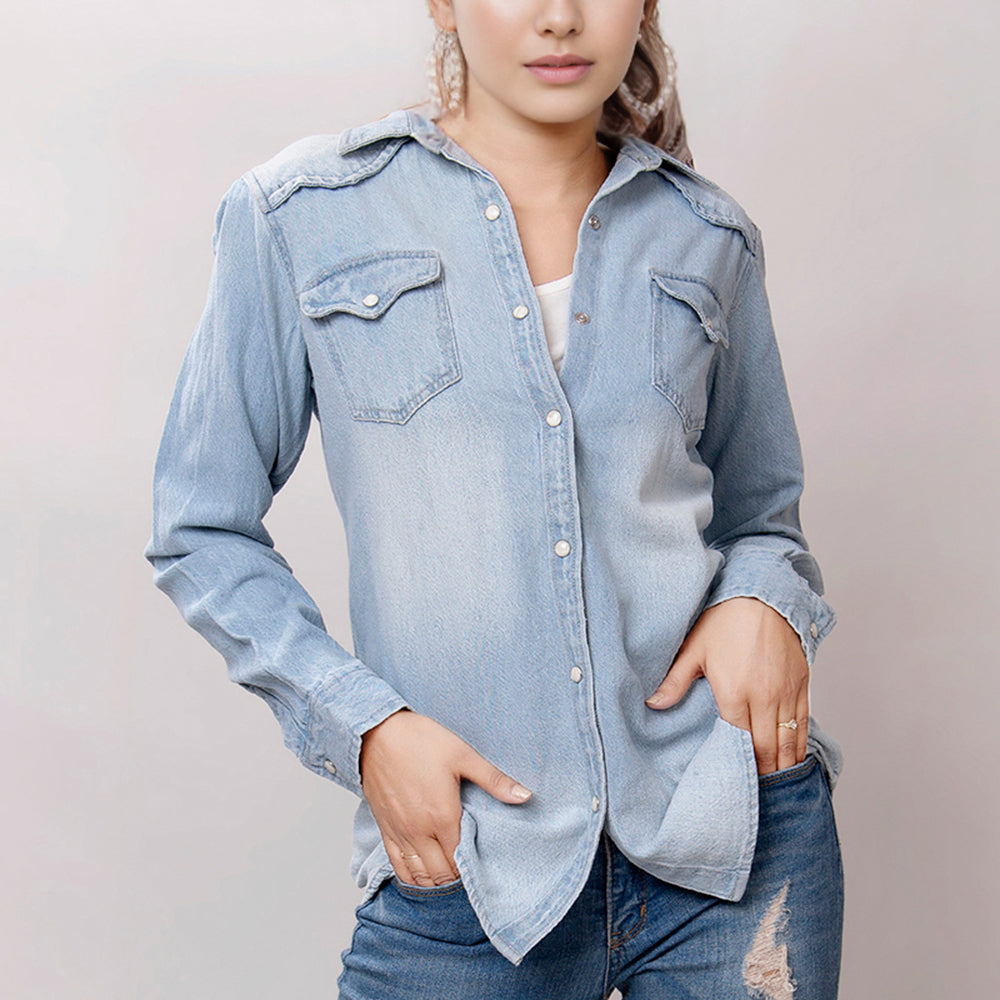 LC-ADSH016 Light Denim Western Shirt with Cowgirl & Cactus Tooled Leather Yoke   Women s