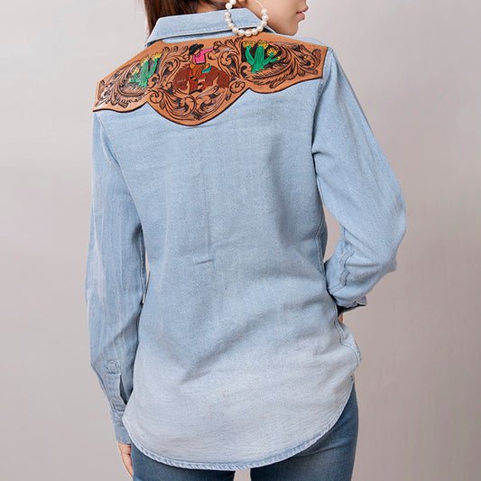 LC-ADSH016 Light Denim Western Shirt with Cowgirl & Cactus Tooled Leather Yoke   Women s