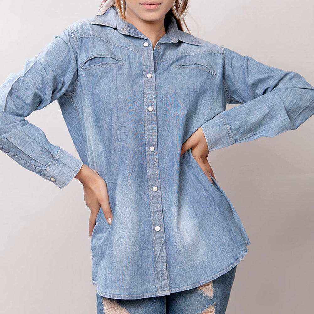 LC-ADSH017 Light Chambray Western Shirt with Tooled Leather Yoke & Turquoise Concho   Women s
