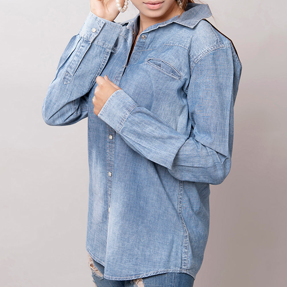 LC-ADSH017 Light Chambray Western Shirt with Tooled Leather Yoke & Turquoise Concho   Women s