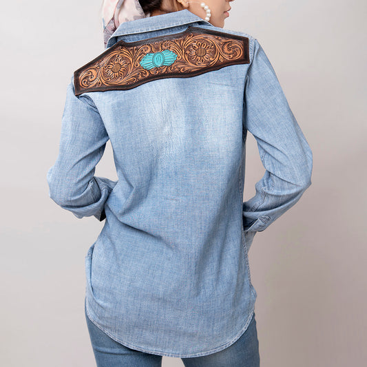 LC-ADSH017 Light Chambray Western Shirt with Tooled Leather Yoke & Turquoise Concho   Women s