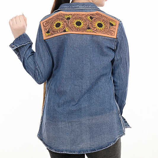 ADSH019 Genuine Leather Hand Tooled Women 100% Cotton Denim Shirt Jacket Dress
