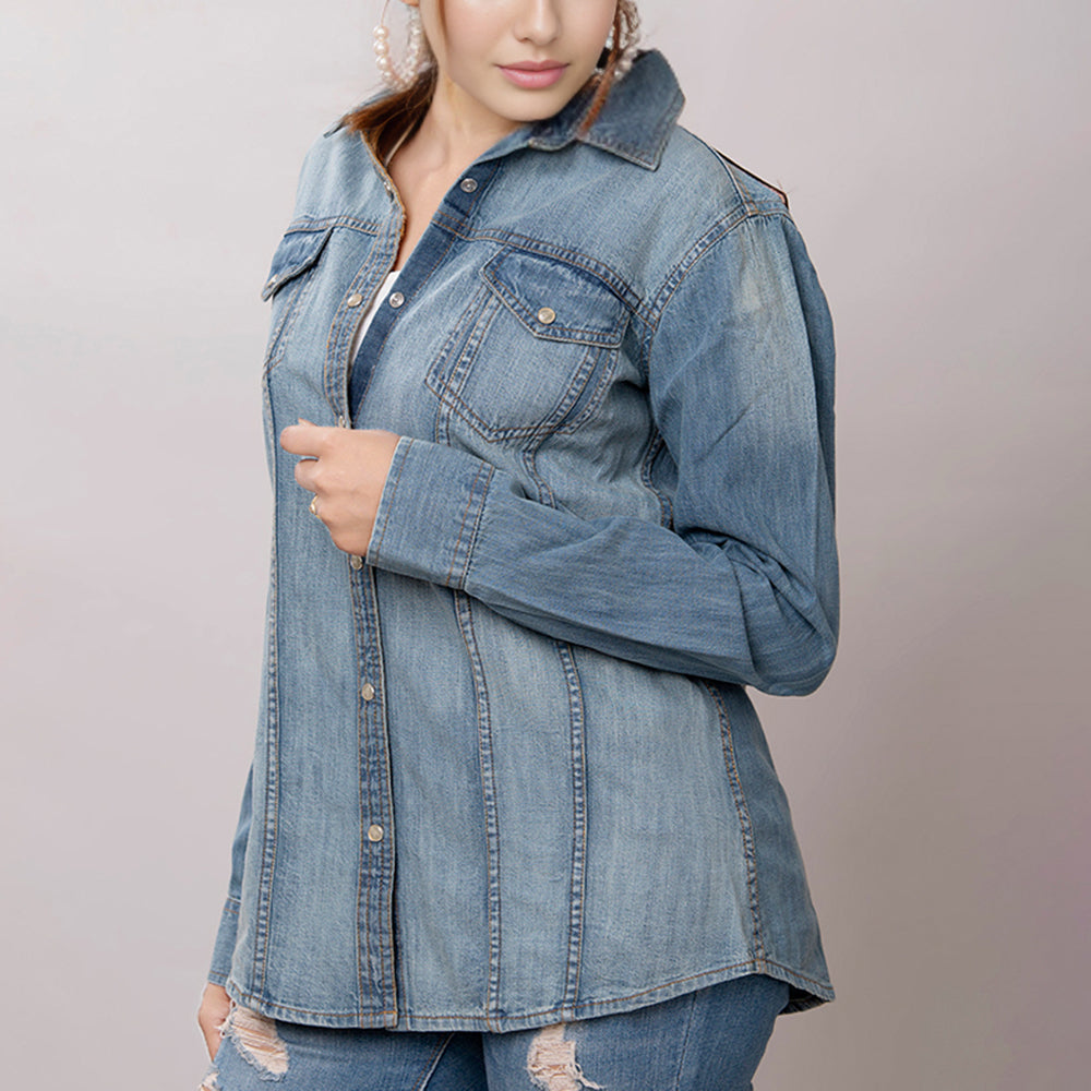 LC-ADSH020 Women's Western Denim Shirt with Hand-Tooled Red Rose Leather Yoke