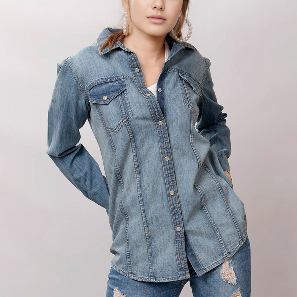 LC-ADSH020 Women's Western Denim Shirt with Hand-Tooled Red Rose Leather Yoke