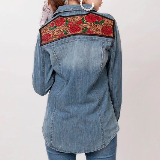 LC-ADSH020 Women's Western Denim Shirt with Hand-Tooled Red Rose Leather Yoke