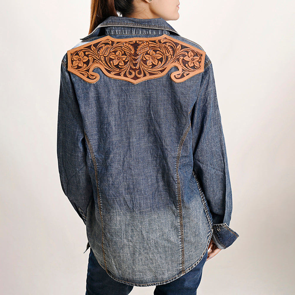 LC-ADSH021 Women's Western Denim Shirt with Hand-Tooled Floral Leather Yoke   Natural Tan