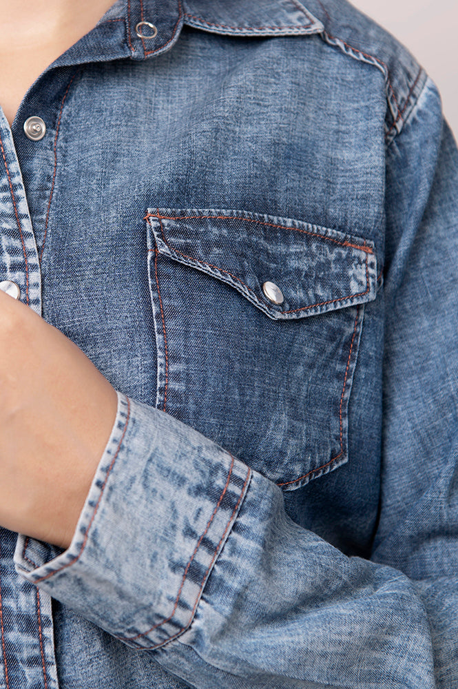LC-ADSH022 Women's Light Wash Western Denim Shirt with Hand-Tooled Leather Floral Yoke