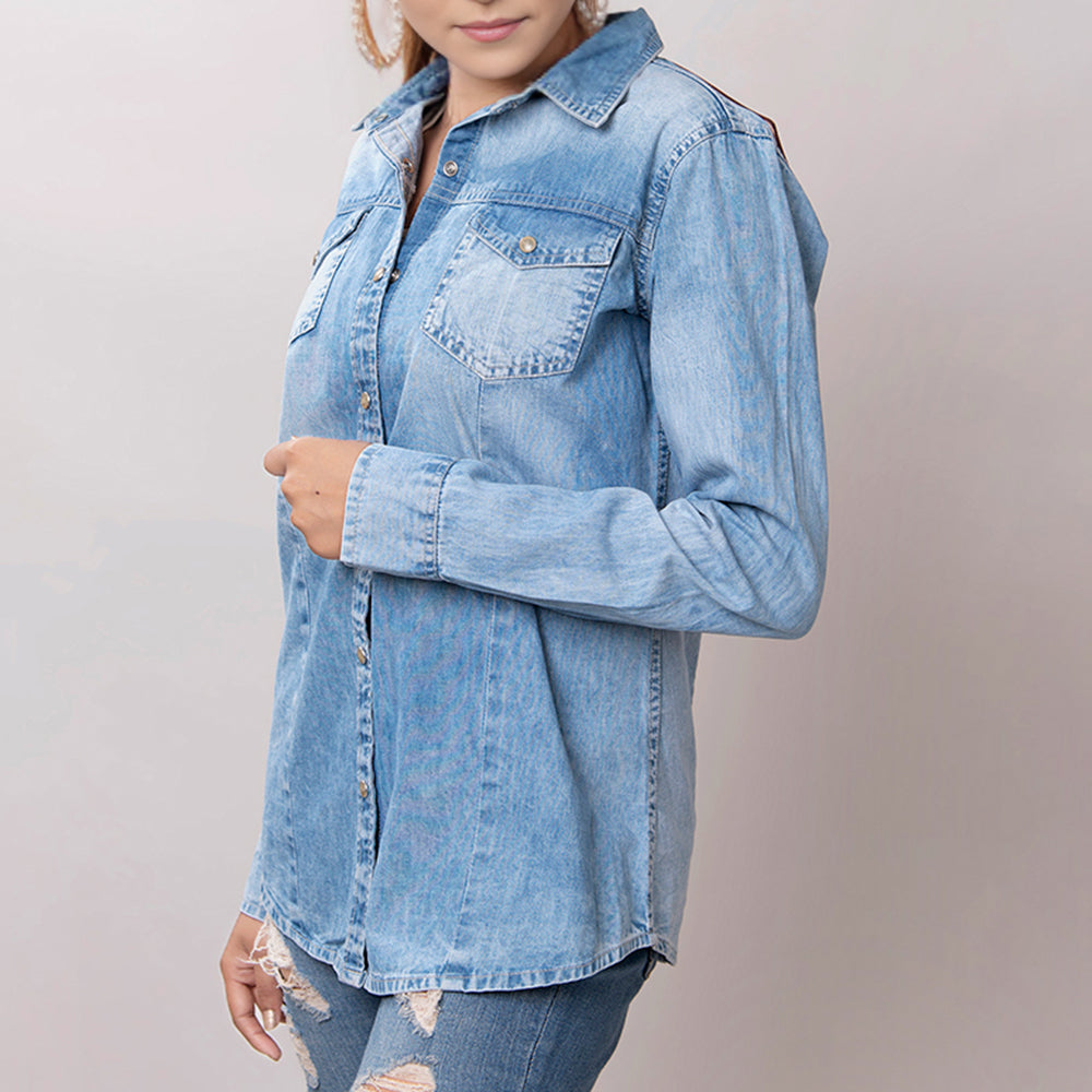 LC-ADSH023 Women's Light Wash Western Denim Shirt with Hand-Tooled Sunflower Leather Yoke
