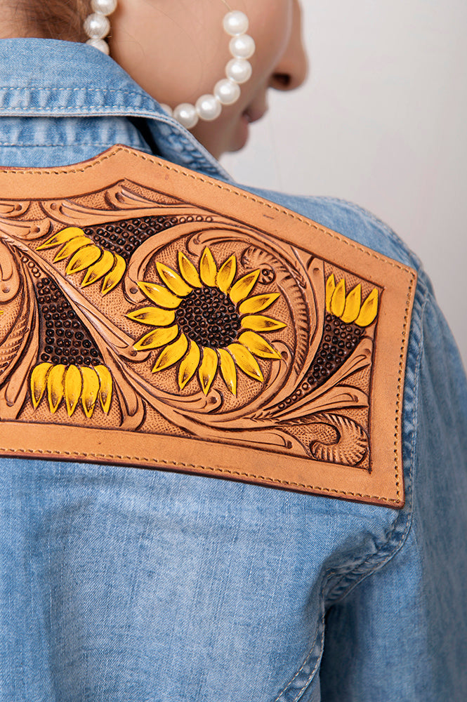 LC-ADSH023 Women's Light Wash Western Denim Shirt with Hand-Tooled Sunflower Leather Yoke