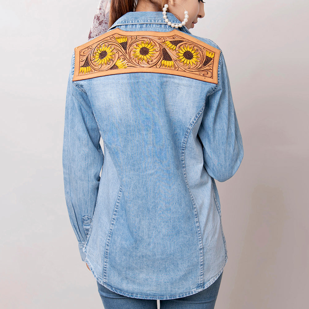 LC-ADSH023 Women's Light Wash Western Denim Shirt with Hand-Tooled Sunflower Leather Yoke