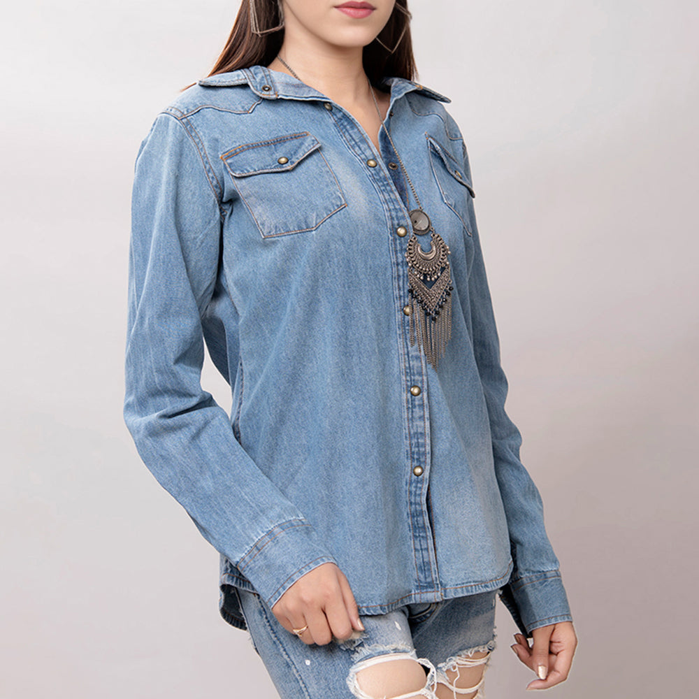 LC-ADSH024 Women's Light Wash Western Denim Shirt with Hand-Tooled Leather Floral Yoke   Burnished Tan
