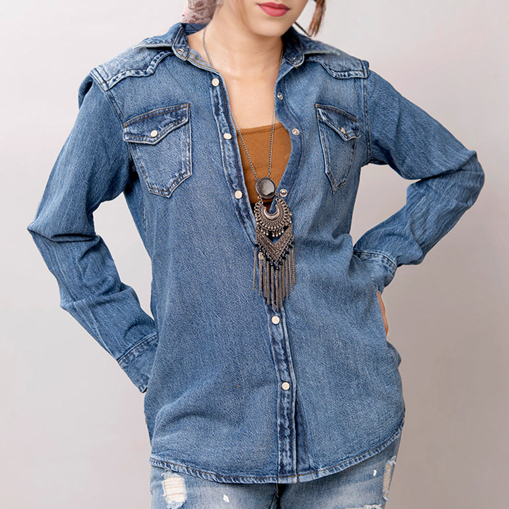 LC-ADSH025 Women's Mid-Wash Western Denim Shirt with High-Detail Hand-Tooled Leather Yoke