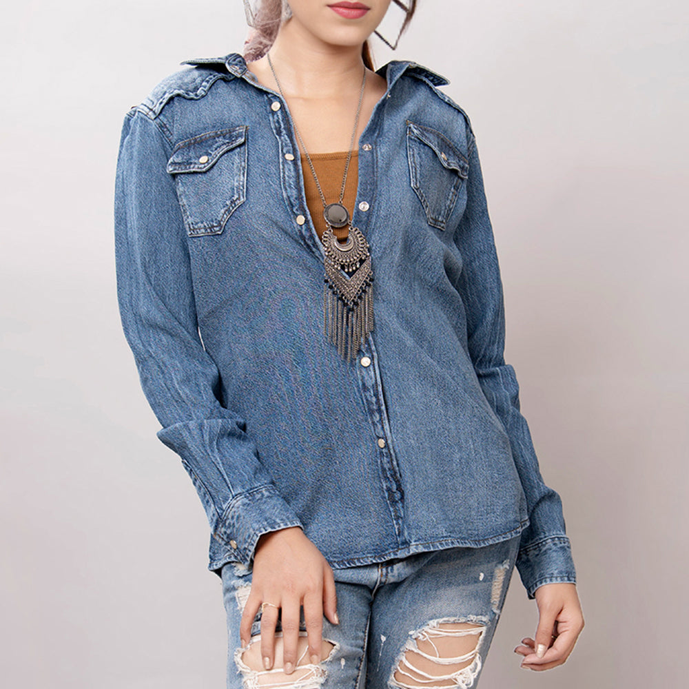 LC-ADSH025 Women's Mid-Wash Western Denim Shirt with High-Detail Hand-Tooled Leather Yoke