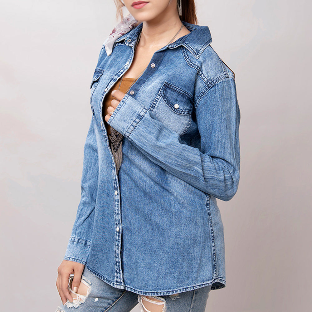 LC-ADSH026 Women's Light Wash Western Denim Shirt with Hand-Tooled Black Backed Floral Leather Yoke