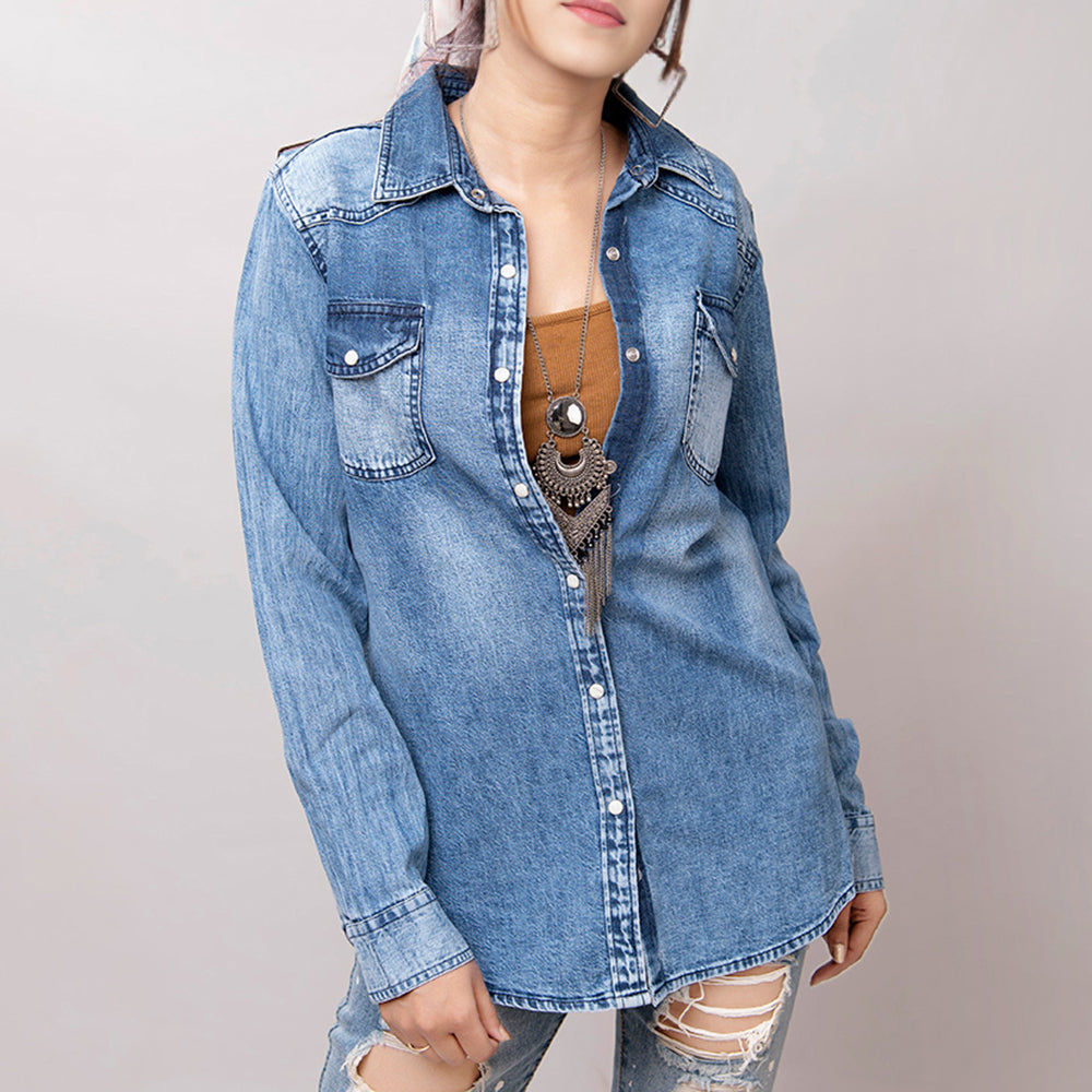 LC-ADSH026 Women's Light Wash Western Denim Shirt with Hand-Tooled Black Backed Floral Leather Yoke