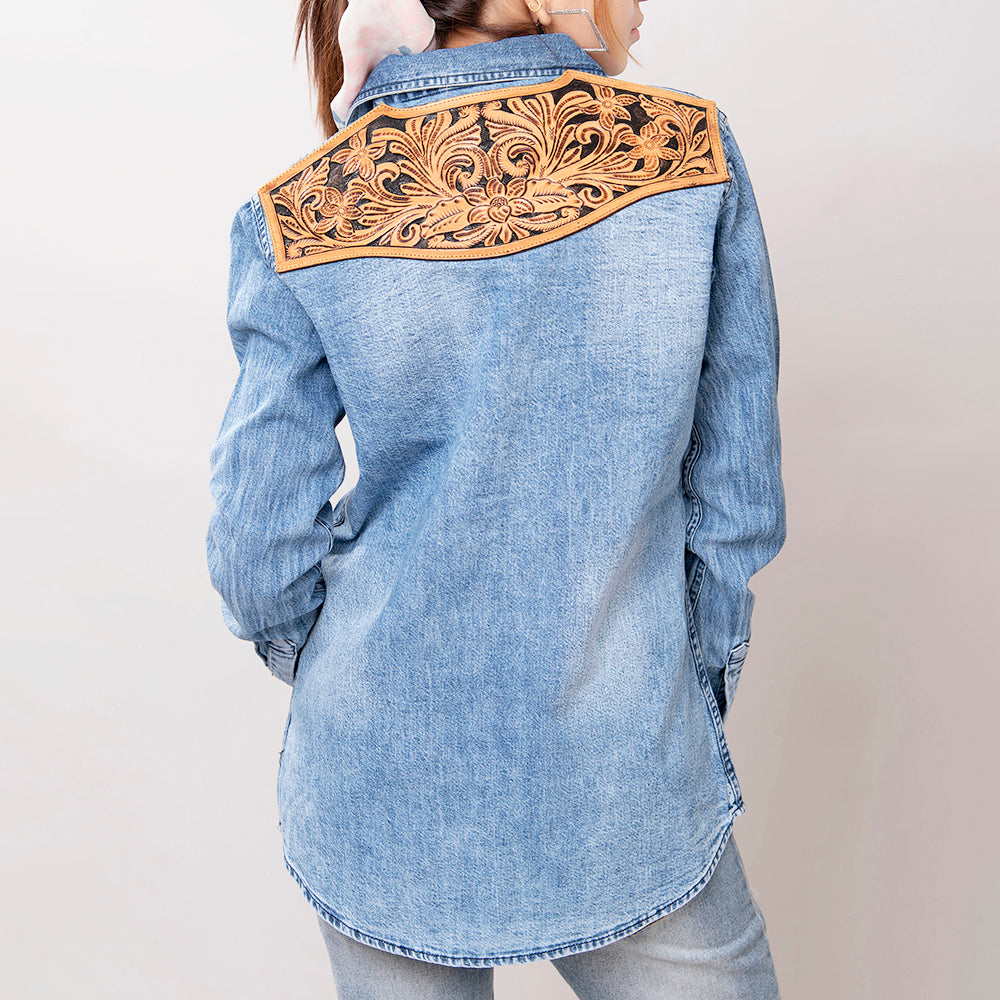 LC-ADSH026 Women's Light Wash Western Denim Shirt with Hand-Tooled Black Backed Floral Leather Yoke