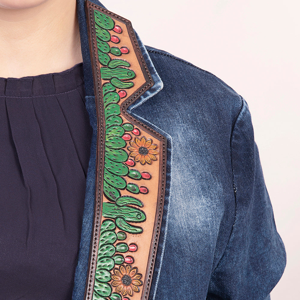 ADBZ017 Women's Blue Denim Western Blazer with Hand-Tooled Leather Lapels