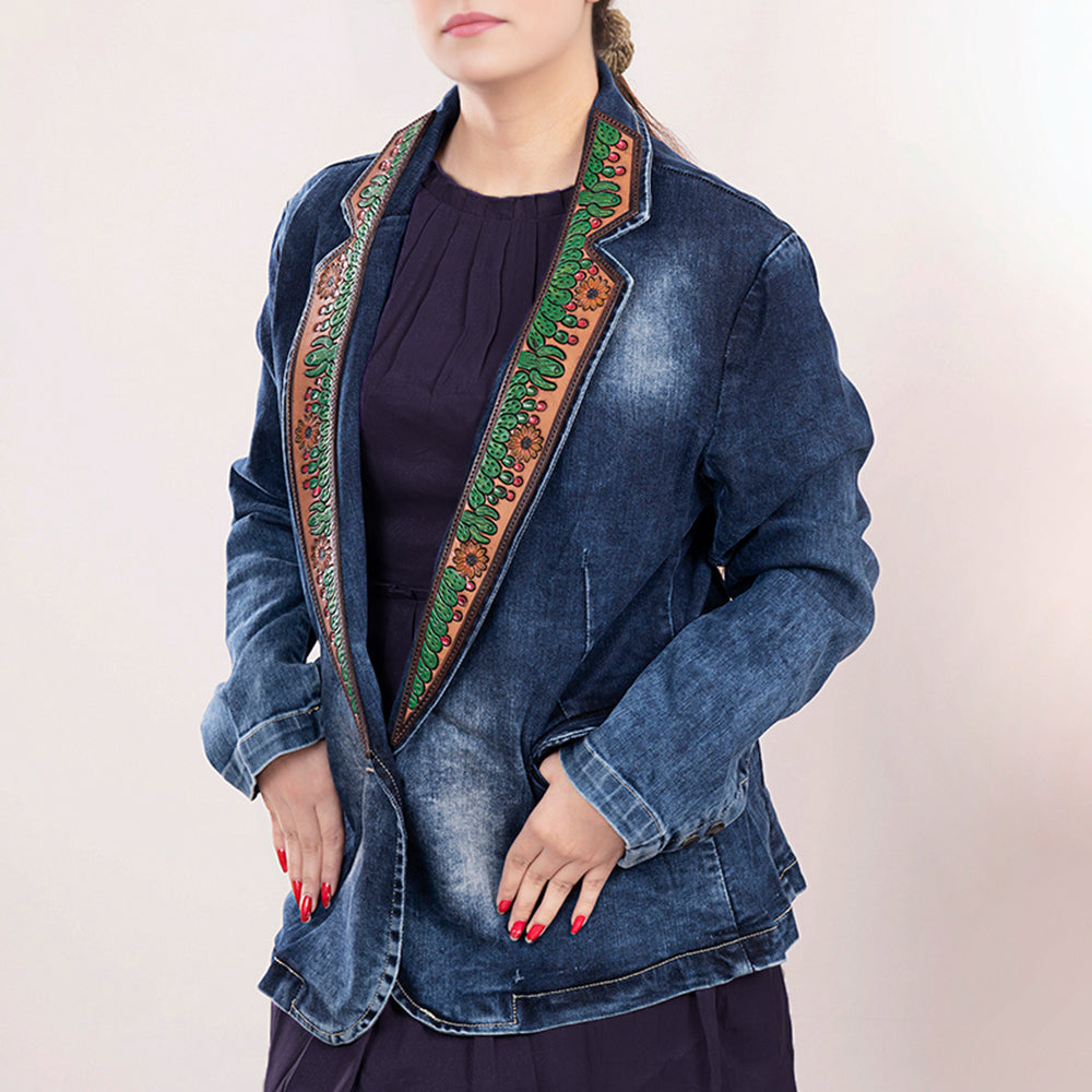 ADBZ017 Women's Blue Denim Western Blazer with Hand-Tooled Leather Lapels