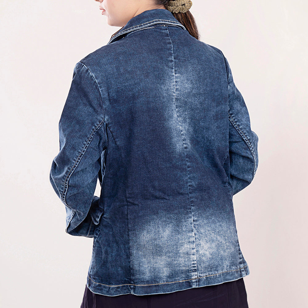 ADBZ017 Women's Blue Denim Western Blazer with Hand-Tooled Leather Lapels