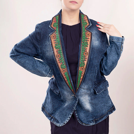 LC-ADBZ017 Women's Western Denim Blazer with Hand-Tooled Colorful Leather Lapels - Vintage Wash Jacket